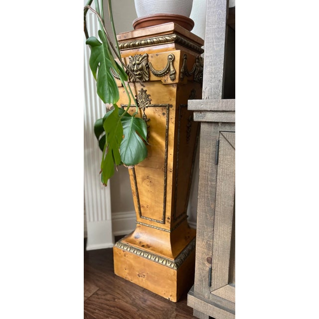 French Regency Style Pair of Burlwood Veneer Pedestal With Marble Top and Lion Head Brass Detail For Sale - Image 12 of 13
