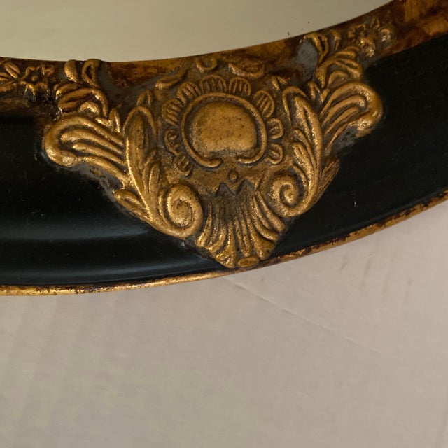 Vintage Oval Convex Mirror With Black and Gold Ornate Wooden Frame. For Sale - Image 12 of 12