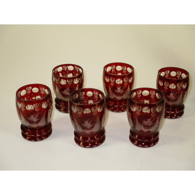 Ruby Red Early 20th Century Bohemian Decanter 6 Liquor Tumblers Red Glass Hand Wheel Engraved Czech For Sale - Image 8 of 11