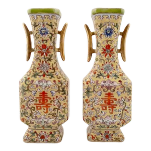 Chinese Porcelain Fu Bats and Shou Characters Vase Pair