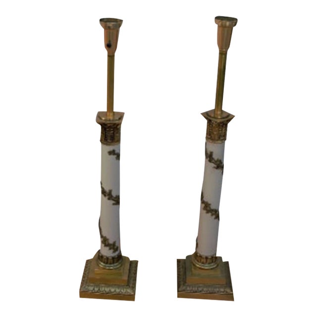 Vintage Neoclassical Column Stiffel Torchiere Brass Table Lamps - Pair For Sale