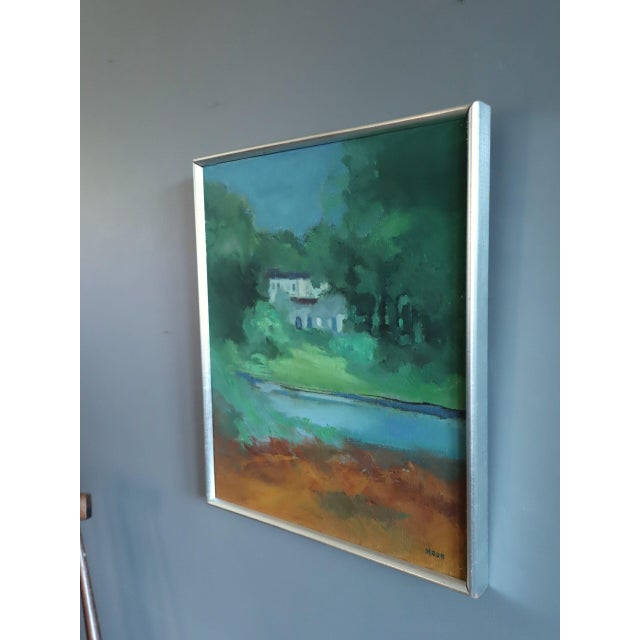 Textile Mid-Century Modern 'House Beyond the Green' Vintage Swedish Expressive Landscape Oil Painting, Framed For Sale - Image 7 of 11