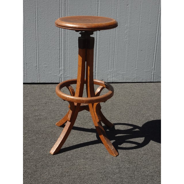 1940s Antique Industrial Adjustable Swivel Oak Drafting Stool Barstool 1of3 ~ # 1 For Sale - Image 5 of 16