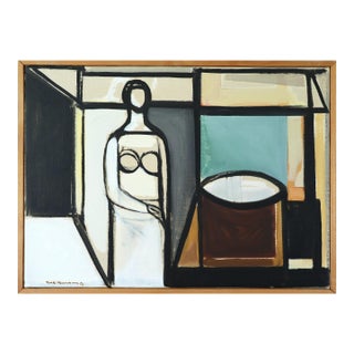 1957 Mid-Century Modern 'Figure in Constructed Room' Geometric Abstract Figurative Oil Painting by Swedish Artist Bertil Berntsson (1921-2002), Framed For Sale