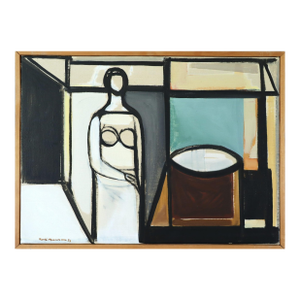 1957 Mid-Century Modern 'Figure in Constructed Room' Geometric Abstract Figurative Oil Painting by Swedish Artist Bertil Berntsson (1921-2002), Framed
