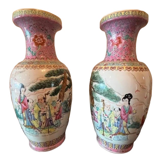Stunning Matched Pair of 20-Inch Chinese Famille Rose Porcelain Vases For Sale