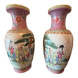 Stunning Matched Pair of 20-Inch Chinese Famille Rose Porcelain Vases