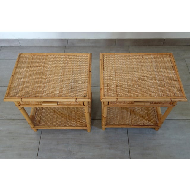 Bedside Tables in Woven Wicker and Bamboo, 1970s, Set of 2 For Sale - Image 3 of 16