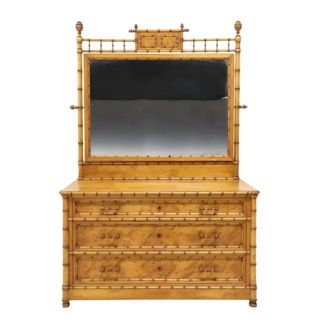 Wood Bird's Eye Maple and Faux Bamboo Dresser Commode For Sale - Image 7 of 12