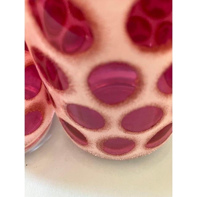 1960s Fun Cranberry Red Pink & Cream Polka Dots Medium Size Glasses Set of 6 For Sale In Monterey, CA - Image 6 of 9