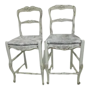 1980s Mid Century Rustic French Country Stools White Shabby Chic Rush Seat Straw Set of 2