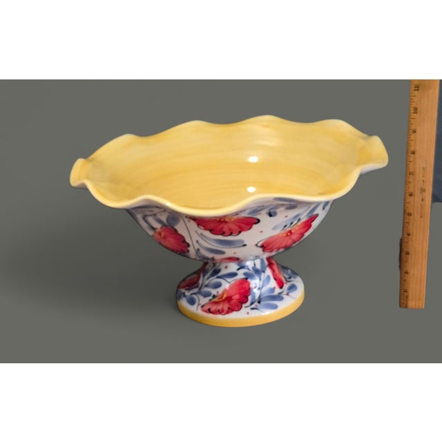 Paint Footed Scalloped Edge Spanish Pottery Painted Enamel Poppies Center Piece Bowl For Sale - Image 7 of 8