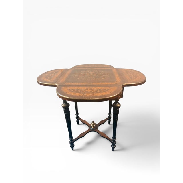 Ebony Antique Napoleon III Style Marquetry Clover Form Expandable Occasional Table by Pitkin & Brooks, Chicago For Sale - Image 8 of 17