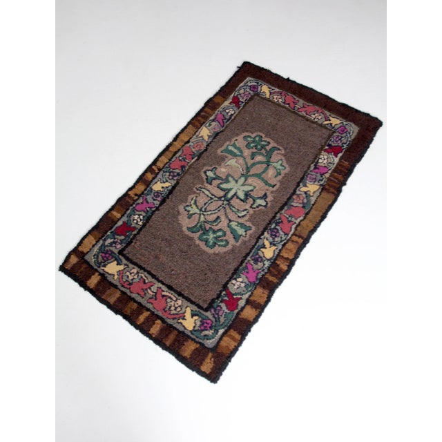 Brown Antique Hand Hooked Floral Wool Rug With Brown Field and Colorful Border For Sale - Image 8 of 15