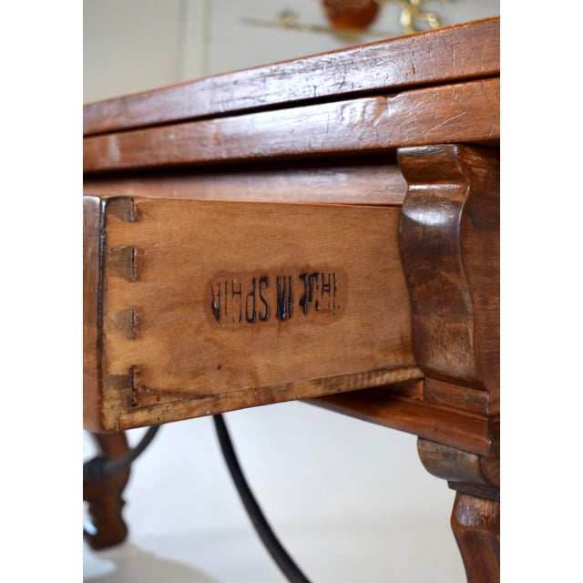 20th Century Spanish Fold Out Dining and Console Table With Iron Stretcher and Two Drawers For Sale - Image 15 of 17
