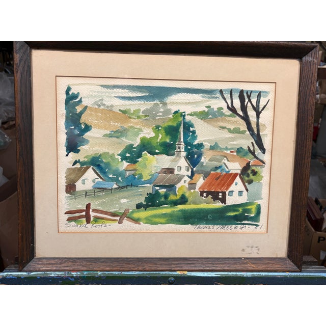 Impressionist Vintage Signed Impressionist Thomas Meek Watercolor Landscape, Framed Pastoral Village Scene, 1981 For Sale - Image 3 of 8