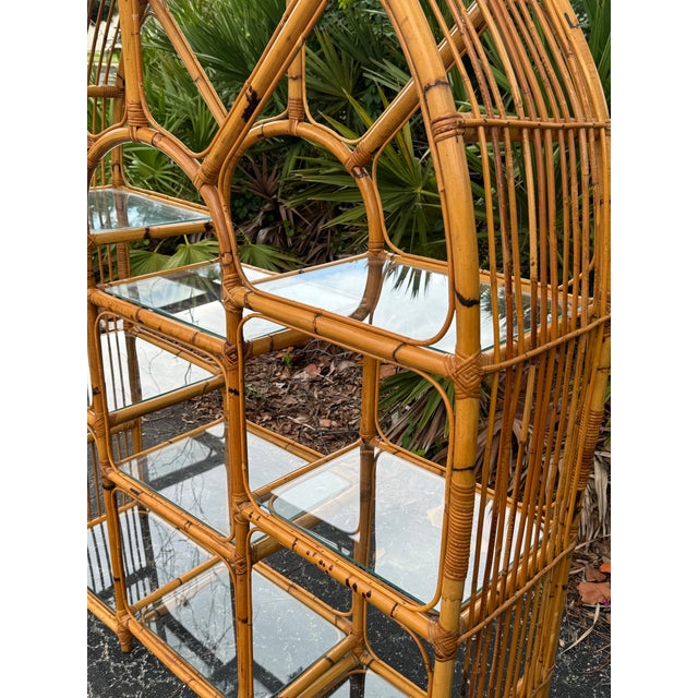 Vintage 1970s Arched Bamboo Étagère With Glass Shelves | Palm Beach Regency Coastal Bookcase For Sale - Image 11 of 11