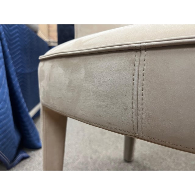 Chair is fully padded with flame-retardant polyurethane foam and upholstered. Wooden frame. Fabric is Michaelangelo Nubuck...