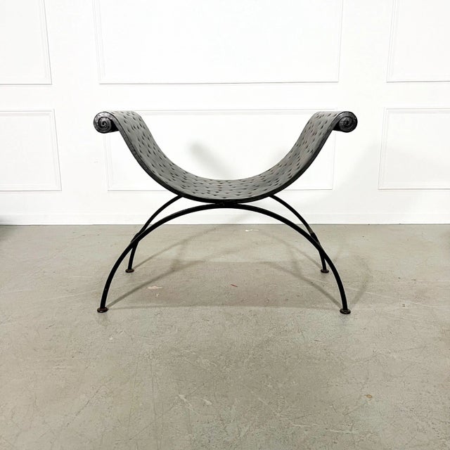 Mid 20th Century Brutalist Curule-Form Iron and Faux Ostrich Scroll Arm Bench after Giacometti For Sale - Image 5 of 9