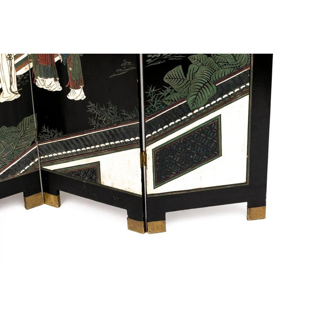 Early 20th Century Chinese Four-Panel Lacquered and Painted Screen For Sale - Image 9 of 13