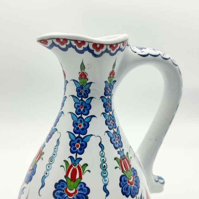 Handmade Ceramic Pitcher (25cm) – Red Tulips & Blue Hyacinths – Elegant Slender Form For Sale - Image 6 of 11