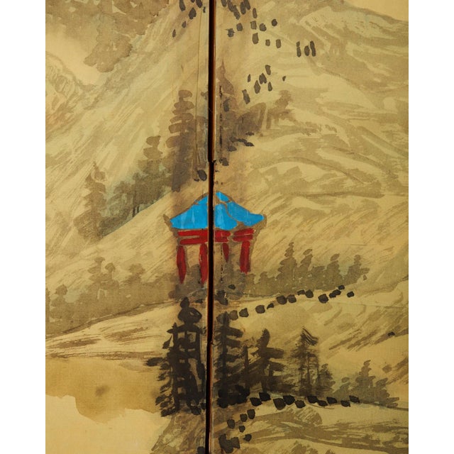 Wood Japanese Style Four Panel Screen Turquoise River Landscape For Sale - Image 7 of 12