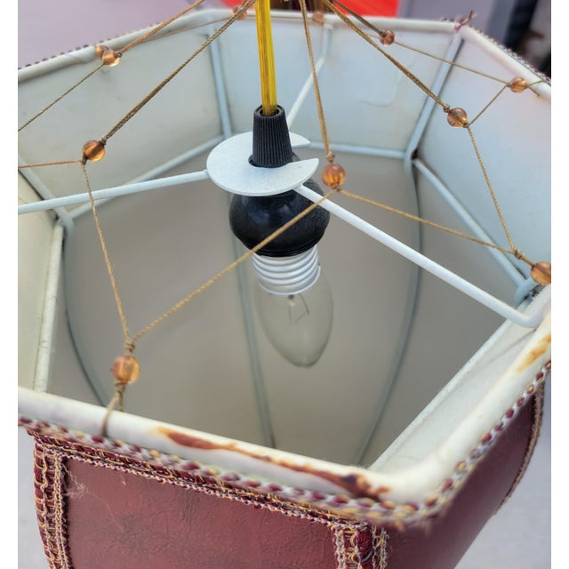 Metal Vintage Fortuny Style Red Tassel Bridge Arm Faux Leather Gold Leaf Floor Lamp For Sale - Image 7 of 11