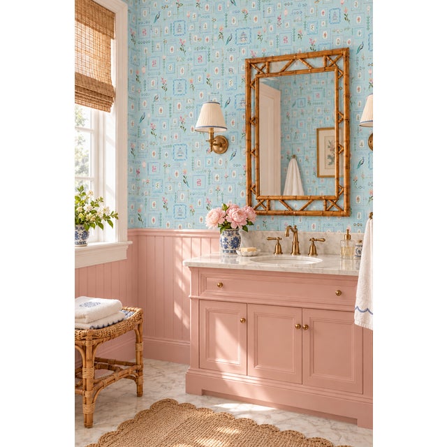 Chinoiserie Mahjong Tile Grasscloth Wallpaper by House Party | Bam Blue | 8 Yards For Sale - Image 3 of 10