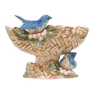 1940s Porcelain Basket Weave Candy Dish With Blue Birds For Sale