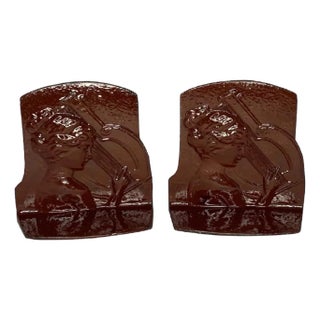 Art Deco Metal Bookends: Woman Playing Lyre, Ronson c. 1925 For Sale