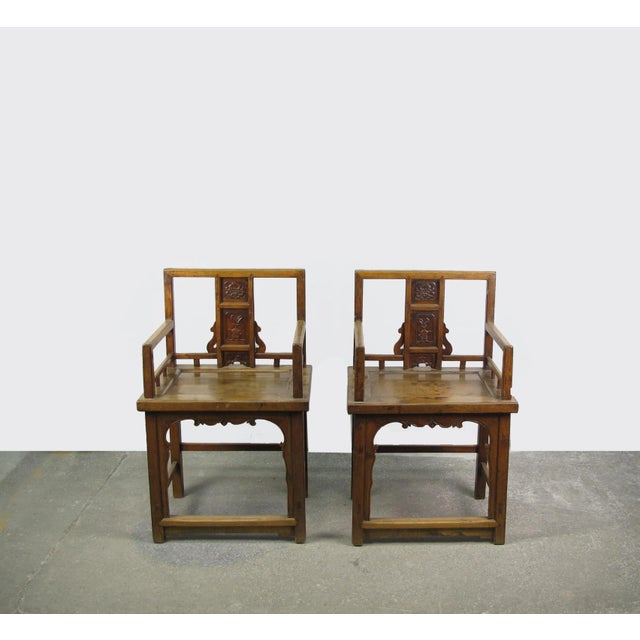 Hand Carved Back Chinese Antique Arm Chairs - Set of 2 For Sale - Image 4 of 12