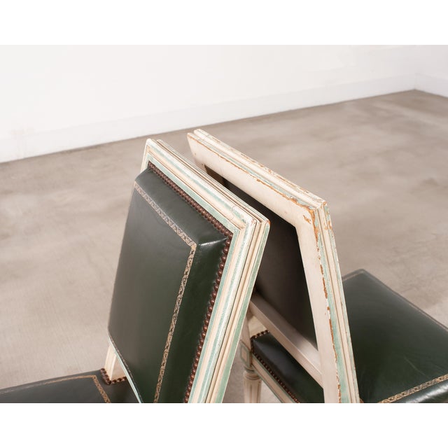 Set of Six Louis XVI Style Painted Dining Chairs Green Leather For Sale - Image 17 of 18