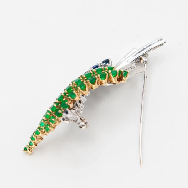 1960s Platinum and 18k Yellow Gold Sapphire Emerald and Diamond Brooch For Sale - Image 13 of 14