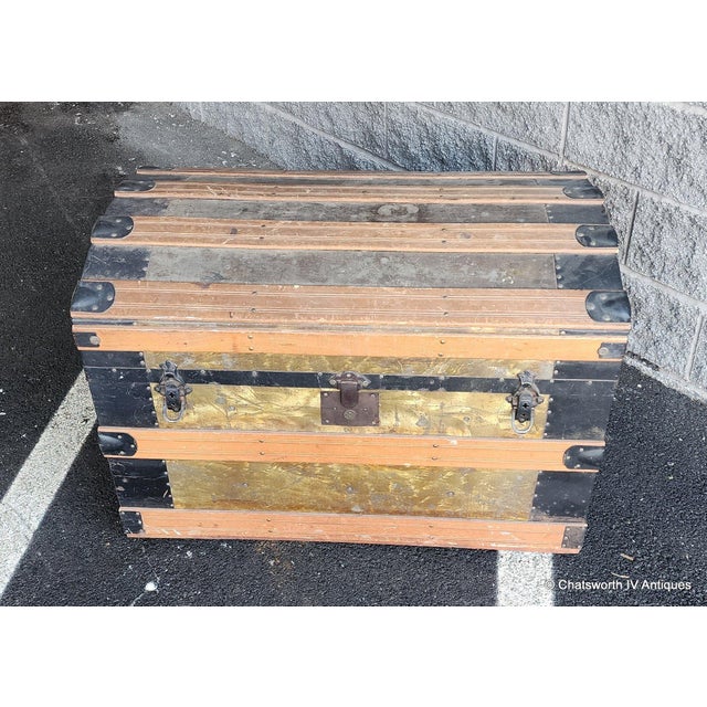 Metal Antique Victorian Era Metal & Wooden Strap Steamer Dome Top Travel Trunk Chest , 1890s For Sale - Image 7 of 12