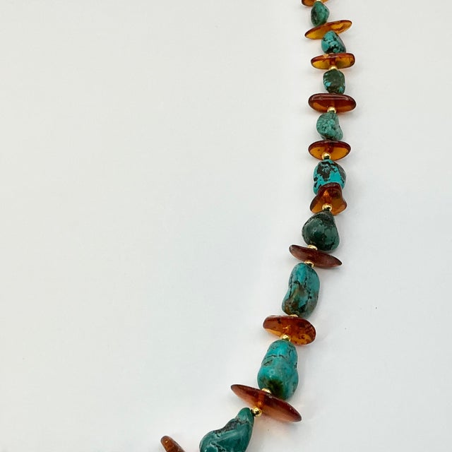 1980s Vintage Boho Chic Baltic Amber & Faux Turquoise Nugget Beaded Necklace - 26” For Sale - Image 10 of 11