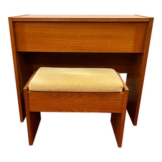 1960s Vintage Danish Modern Teak Flip Open Rolling Make Up Vanity Mirror & Bench - Set of 2 For Sale