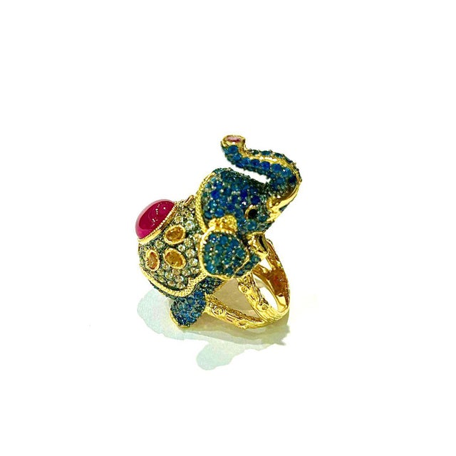 Bochic "Orient" Ruby, Emerald & Sapphire Elephant Rings Set In 18K Gold & Silver For Sale - Image 9 of 18
