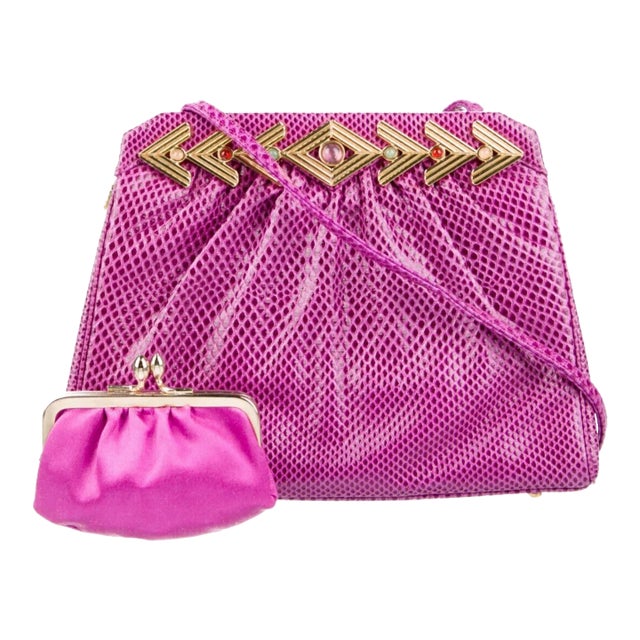 1990s Judith Leiber Karung SnakeSkin Pink Fuschia Day Evening Handbag Gemstones Vintage For Sale