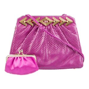 1990s Judith Leiber Karung SnakeSkin Pink Fuschia Day Evening Handbag Gemstones Vintage