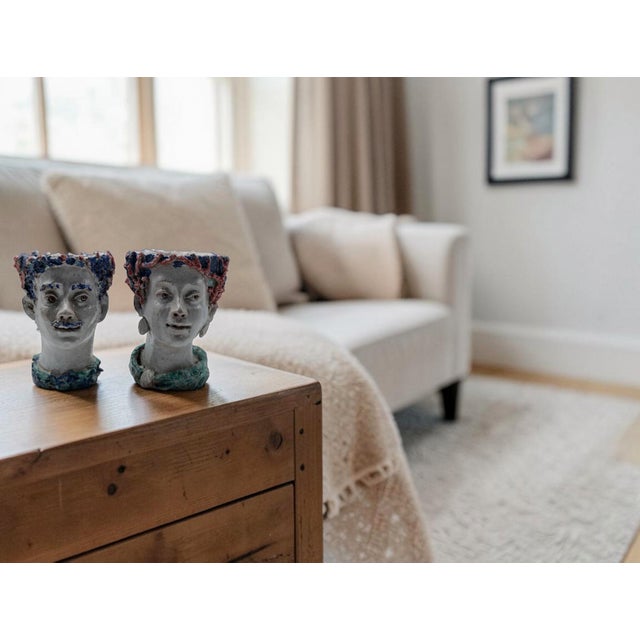 Handcrafted Ceramic Planters in the shape of Heads, Italy, 1950s, Set of 2 For Sale - Image 14 of 15