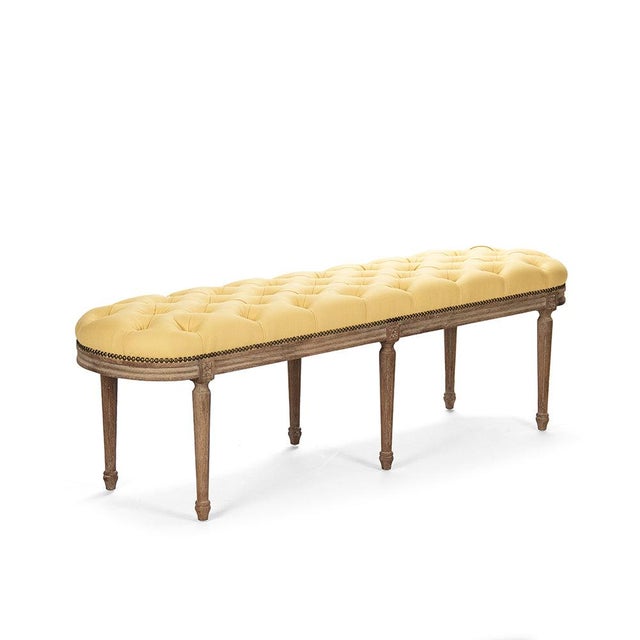 French Country Michel Gold Tufted Bench - Yellow Linen / Limed Grey Oak Frame For Sale - Image 3 of 3