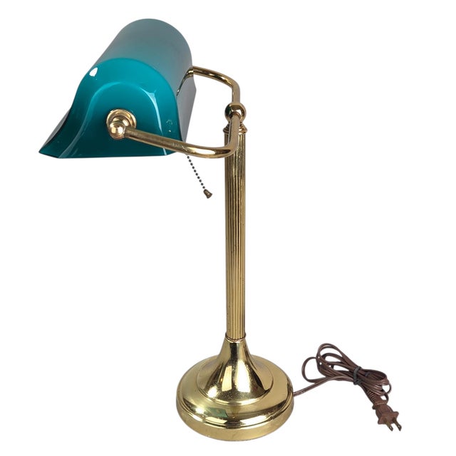 1970s Mid-Century Modern Art Deco Brass and Teal Glass Banker's Desk Lamp For Sale - Image 4 of 18