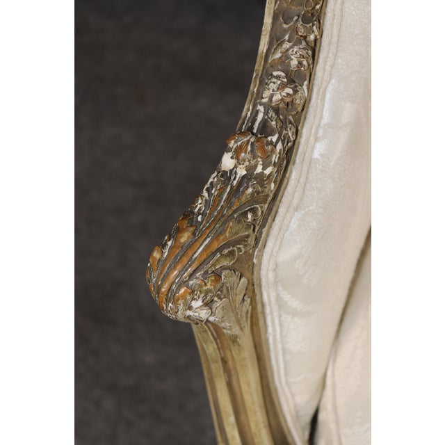French Louis XVI Creme Painted Tall Back Heavily Carved Bergere Chair For Sale - Image 11 of 12