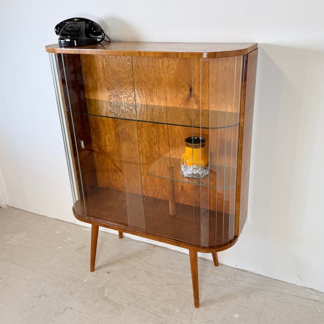 Vintage Art Deco Style Walnut Veneer Display Cabinet with Glass Slats, 1950s For Sale - Image 6 of 15