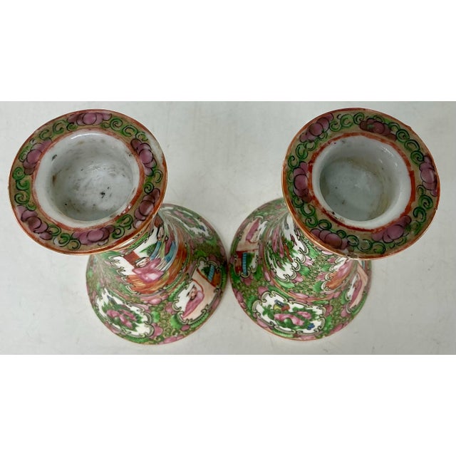Pair of Antique Chinese Rose Medallion Porcelain Candlesticks For Sale - Image 9 of 12