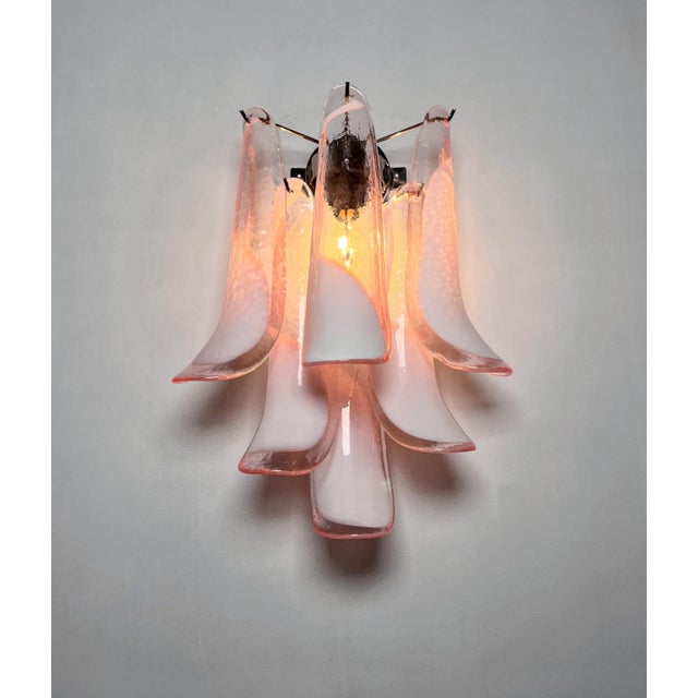 Mid-Century Modern Vintage Italian Murano Wall Lights with Pink Lattimo Glass Petals in the manner of Mazzega, 1990, Set of 2 For Sale - Image 3 of 18