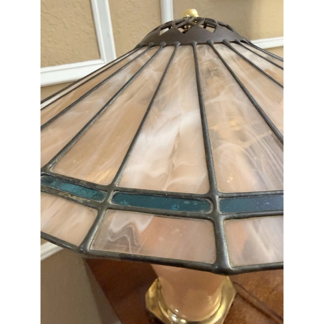 Mid-Century Modern Vintage Mid-Century Modern Crescent Brass Manufacturing Co. Lamp & Slag Glass Shade. Glazed Apricot-Colored Base For Sale - Image 3 of 12