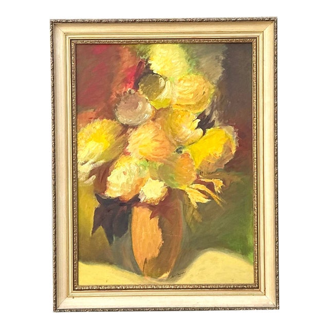 Vintage 1974 Floral Original Paining on Canvas For Sale