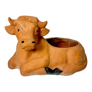 Late 19th C. English Country Boho Chic Farmhouse Large Terra Cotta Cow Planter. For Sale