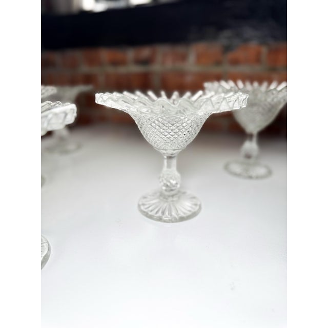 Set of 5 elegant Horchow glass dessert dishes featuring a finely diamond cut bowl and distinctive ribbon style scalloped...